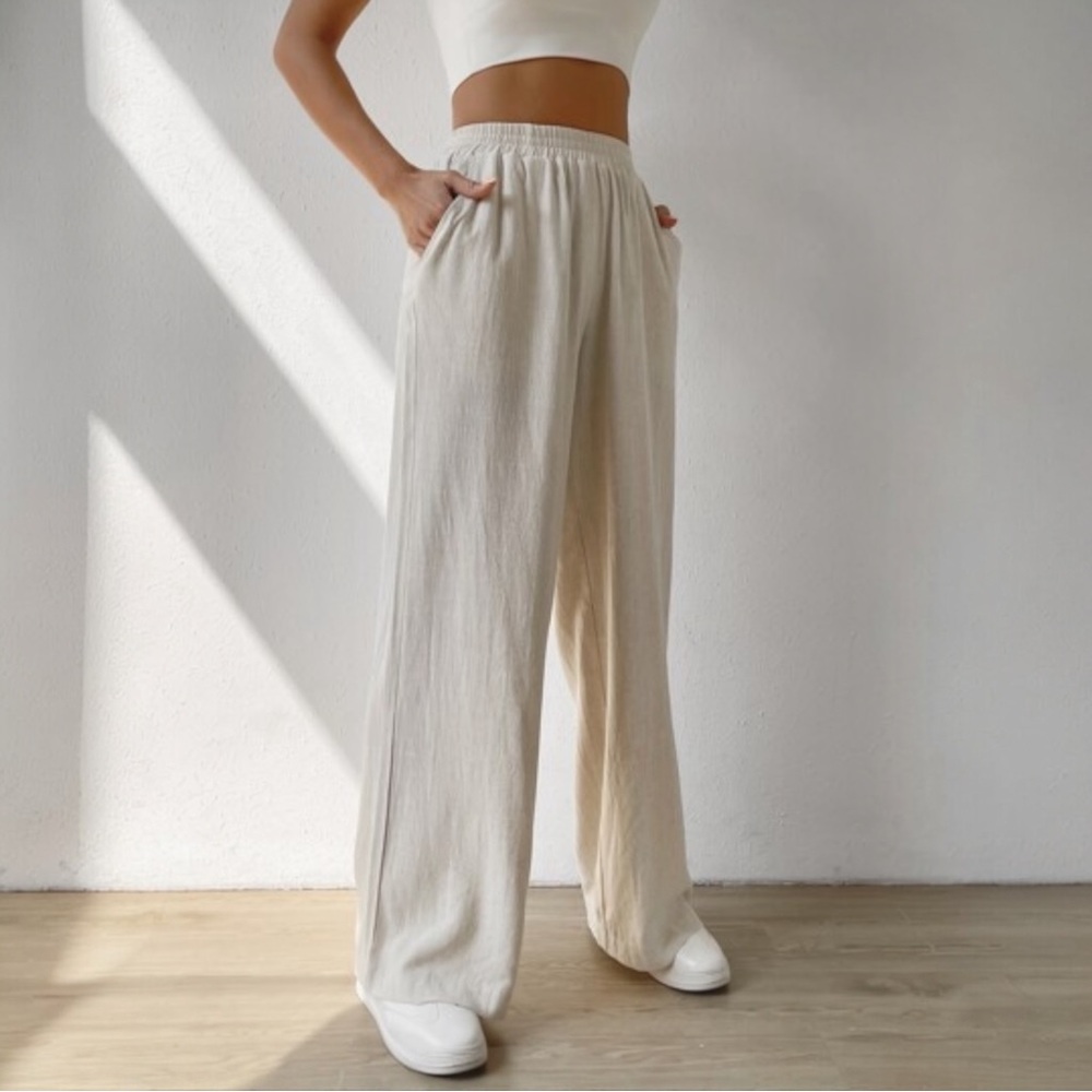SHEIN White Elastic Capri Ankle Flowy Lightweight Wide Leg Pants Pockets size XS